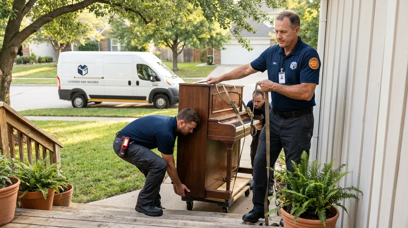 Licensed piano movers securing grand piano in Fair Haven, NJ