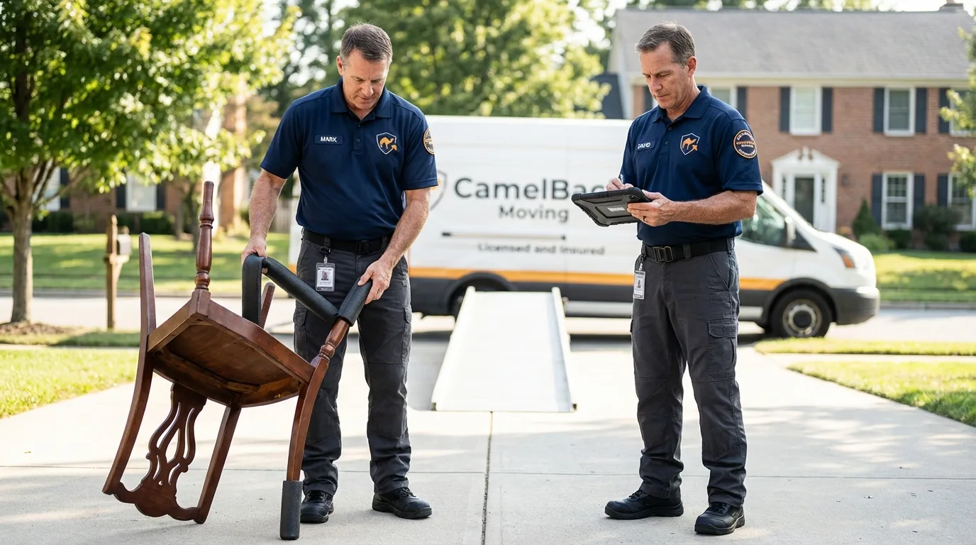 Movers inspecting furniture for damage prevention before loading in Fair Haven, NJ