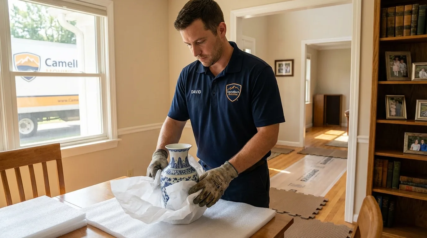 Professional crew carefully wrapping antique vase for senior downsizing move in Fair Haven, NJ